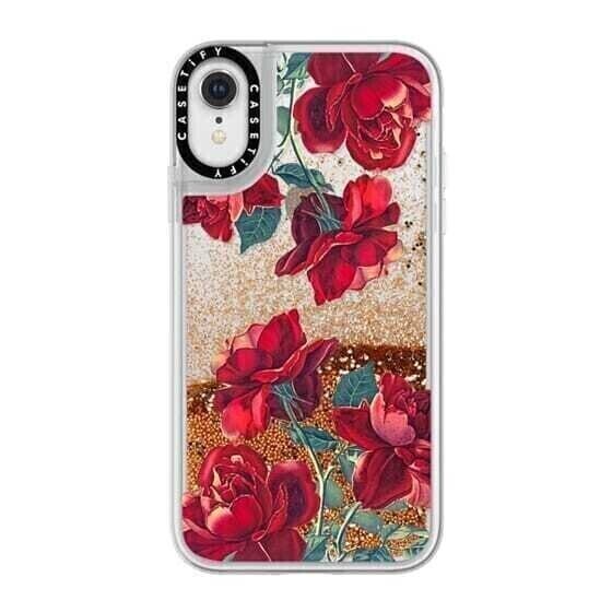 Casetify iPhone XR Glitter Case, Gold Chrome Red Roses (Transparent)