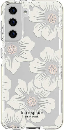 Kate Spade New York Samsung Galaxy S22 5G Defensive Hardshell, Hollyhock Floral Clear/Cream wit