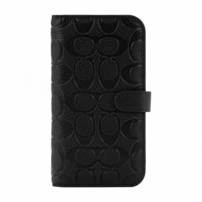 Coach iPhone 14 Plus Folio Case, Black Emboss Signature C Pebbled Leather